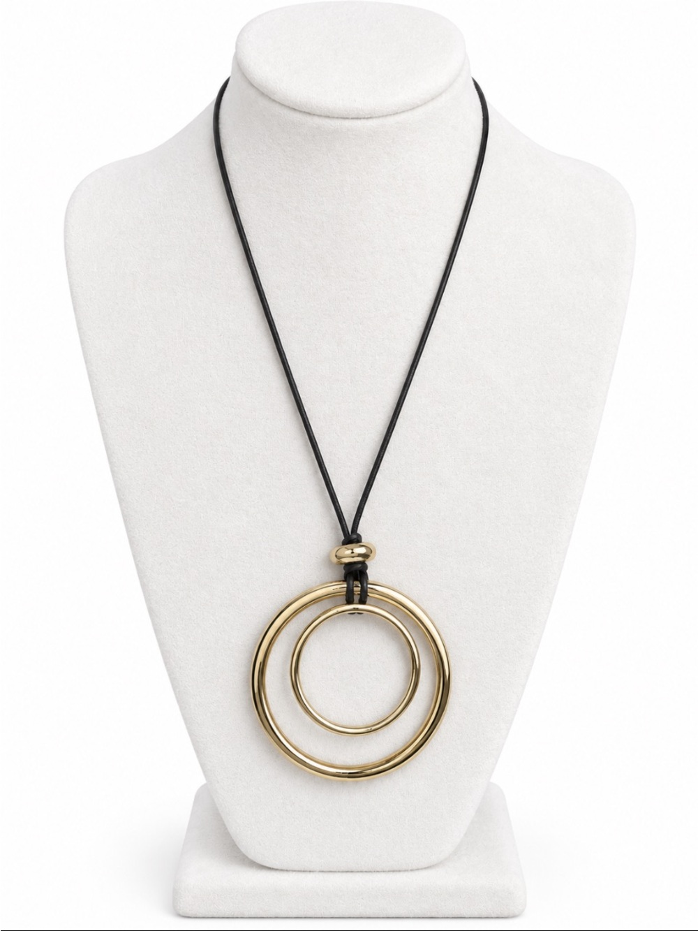 CHICO’S Gold Tone Double Circle Pendant Black Cord Long Statement Necklace